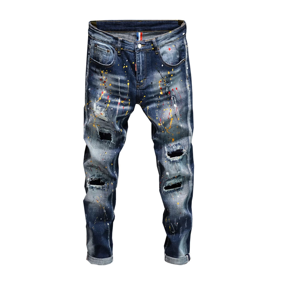 Nova Moda Jeans Calças Atacado Logotipo Personalizado Slim Fit Afligido Jeans Homens Skinny Denim Jeans