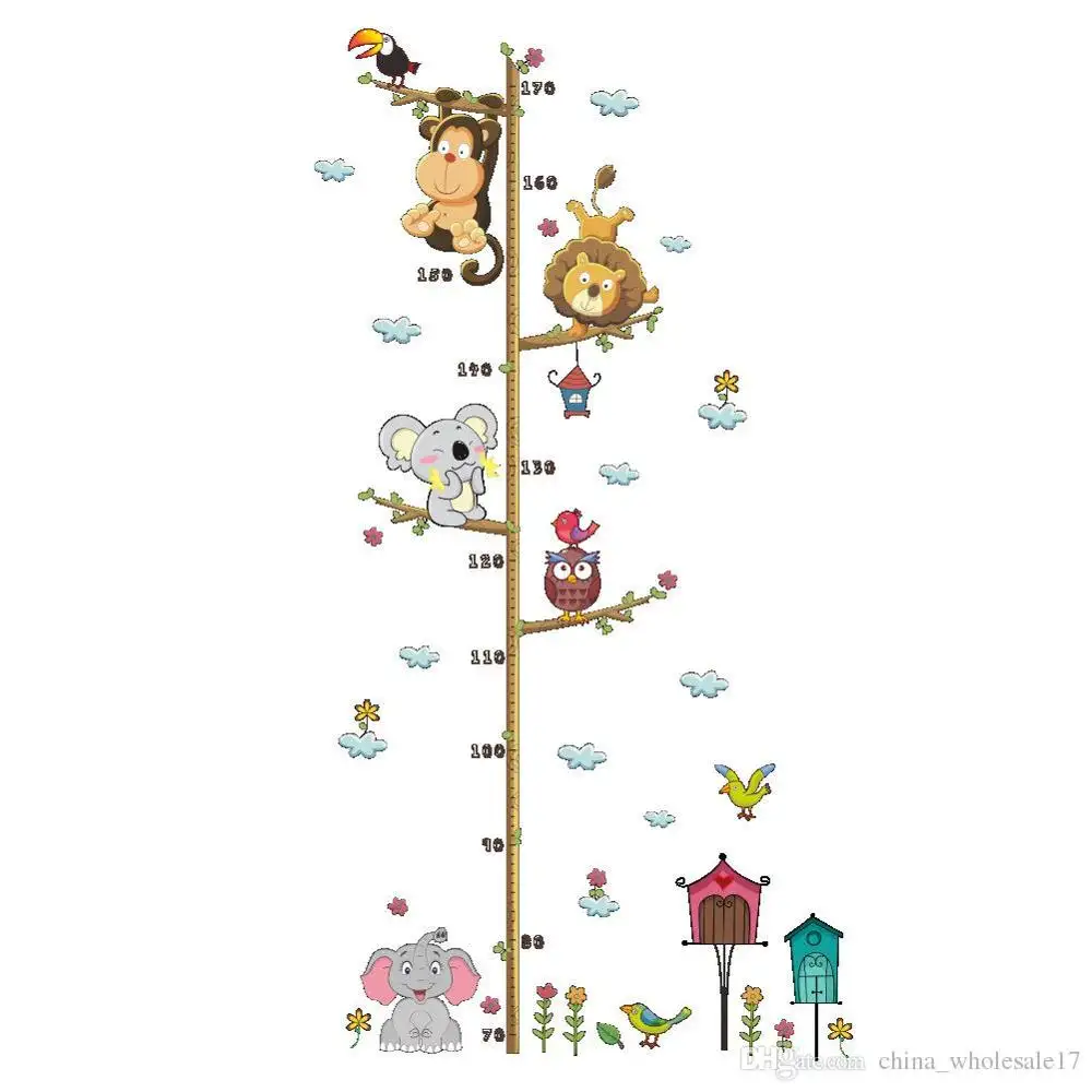 Bella Animali sul Ramo di Un Albero Crescita Grafico Wall Stickers Per Bambini Decorazione Della Stanza Bambini Misura Altezza Murale di Arte Fai Da Te Per La Casa Decalcomanie