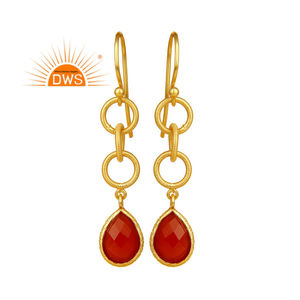 Proveedor de pendientes de piedras preciosas de ónix rojo indio Enlace de múltiples círculos Pendientes colgantes de plata chapados en oro de 14K Joyería Colección clásica - Product Image 1