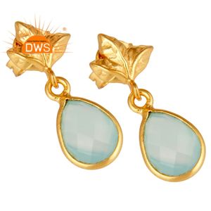 Boucles d'oreilles pendantes en argent plaqué or 18 carats de créateur, vente en gros, pierres précieuses en calcédoine aqua, bijoux, collection classique - Product Image 2