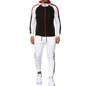 Manga Longa Ocasional dos homens Full-zip Tiras Atacado Treino Training Gym Correndo Jogging Sports Vermelho Com Capuz Fatos de treino