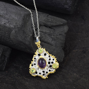 925 Sterling Silver 18 Inch Chain Necklace Natural Amethyst <b>Peridot</b> Gemstone Charm Unique Design Uneven Shape <b>Pendant</b> Jewelry - Product Image 2