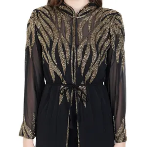 Eid Best Selling Style Women Muslim Fashion Solid Color Clothing Islamic Arab Kaftan Dubai Abaya Cardigan Hand Embroidery Work