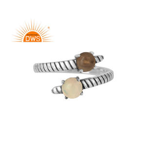 Round Cut <b>Opal</b> and Smoky Quartz Gemstone <b>Ring</b> Designer Sterling Silver Oxidized Adjustable <b>Ring</b> Jewelry Supplier - Product Image 1