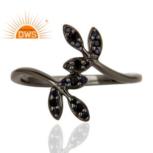 ธรรมชาติสีฟ้าไพลินแหวนพลอยผู้ผลิตเครื่องประดับการออกแบบใบโบราณสีดำโรเดียมชุบแหวนเงิน - Product Image 2