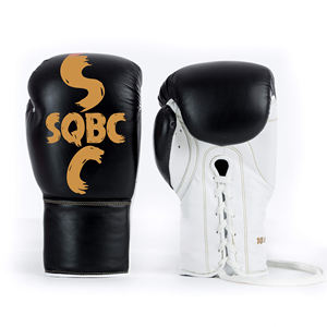 Golden <b>Lace</b> up Boxing <b>Gloves</b>, Professional <b>Black</b> Leather Boxing Sparring Training <b>Gloves</b> for Trainers - Product Image 5
