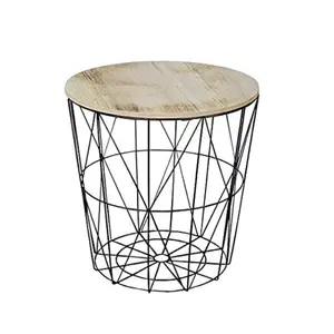 Cesta de madeira para mesa de café, mesa lateral em formato redondo, móveis para casa, com tampa marrom e preto, ideal para venda