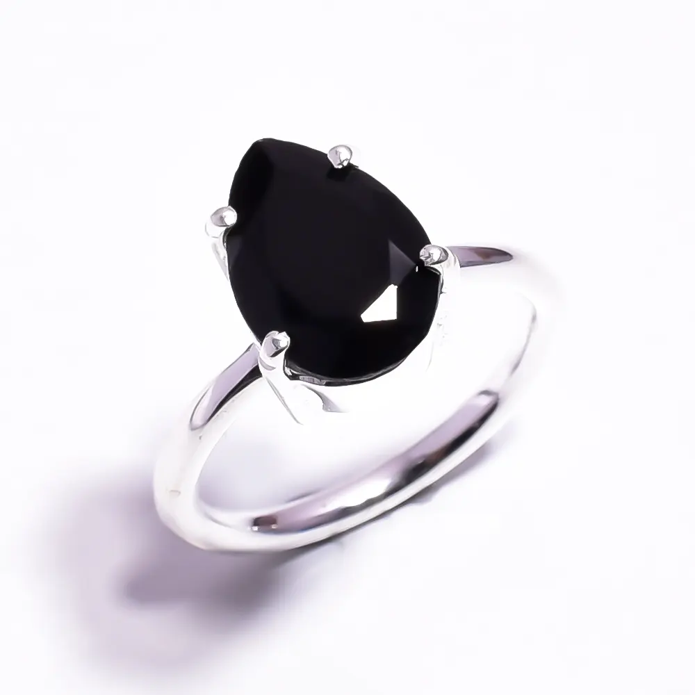 Stunning Natural Black Onyx Gemstone Fine Silver Jewelry 925 Sterling Silver Solitaire Teenager Gift Pear Shape Black Onyx Ring