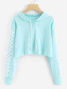 Sweat à capuche en coton d'été décontracté pour femmes 100% coton manches longues imprimé doublure en coton bloc de couleur courte longueur à capuche - Product Image 5