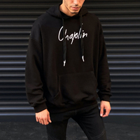 Büyük Beden %100 Pamuk 320 GSM Kışlık Erkek Chaplin Siyah Astarlı Kapüşonlu Sweatshirt Günlük Sokak Giysisi Kanguru Cepli Örme Baskılı