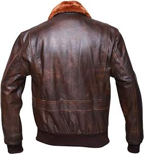 Chaqueta de bombardero de invierno informal, piel de cabra marrón, cuero de vaca, cuello alto grueso, cierre de cremallera, técnica lavada, servicio OEM disponible - Product Image 2