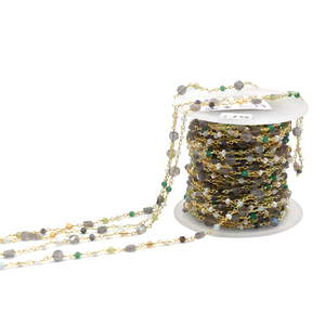 สร้อยประคำหินหลายชนิด หยกเขียว เพอริดอท มุก ลาบราโดไรต์ ขนาด 3-5 มม. รูปทรงรอนเดลล์ หุ้มทองเหลือง 18K ชุบทอง พร้อมสายทองหุ้มลวด - Product Image 3