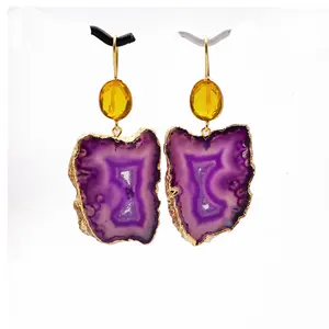Wholesale gold plated earring gemstone fashion jewelry earring citrine & agate slice druzy handmade jewelry earrings