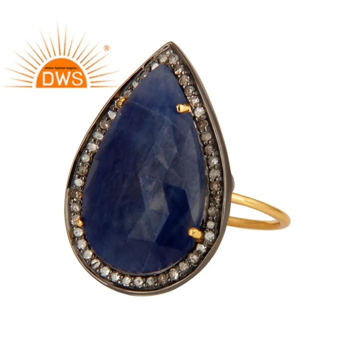 Natuurlijke Blauwe Saffier Edelsteen Pave Diamanten Ring Sieraden Groothandel 14K Geel Goud Cocktail Ring Sieraden Leverancier