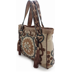 New Arrival KAMARVY Vintage Bohemian Fashion Cotton Canvas Two-<b>Strap</b> <b>Shoulder</b> Shopping Bag Ethnic Embroidery Beaded Zipper - Product Image 2