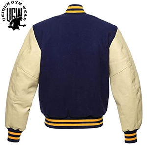 Chaqueta universitaria de lana de alta calidad para hombre, Mangas de cuero genuino con cuello levantado, parches bordados personalizables, diseño de letras recubiertas - Product Image 6