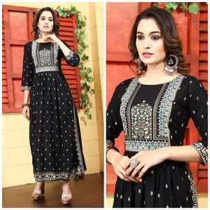 Designer Green Color Rayon Foil Print with Embroidery <b>Mirror</b> Work Nayra Cut Kurti Wholesale Price Full Stitched - Product Image 5