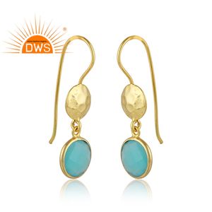 <b>Solid</b> 925 Sterling <b>Silver</b> Gold Plated Drop Earring Manufacturer Handmade Jewelry Blue Aqua Chalcedony Gemstone Dangle Earrings - Product Image 2