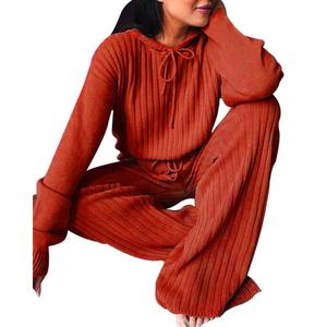 Chándal Sexy de invierno de dos piezas de algodón/poliéster de Color sólido para mujer, de manga larga Top, pantalones sueltos, Salón ligero a prueba de viento - Product Image 5