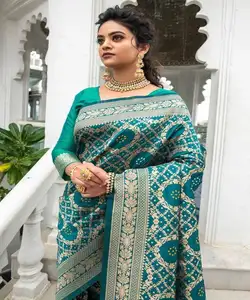 Sari in pura seta di cotone banarasi con bellissimo indumento etnico surat stampato all'ingrosso a prezzo più basso
