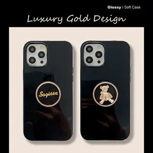 Yeni benzersiz lüks altın kaplama sevimli ayı Griptok standı alaşım siyah Tpu cep telefonu kapak çanta iPhone kılıfları 11 12 13 14 pro max