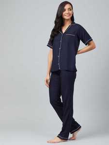 Conjunto de pijama de algodón para mujer, azul marino, largo - Product Image 4