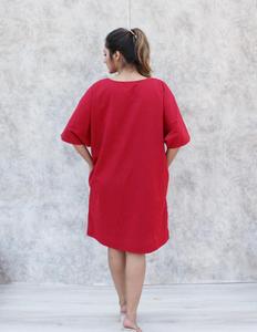 O-Neck Loose Fit Mini Dress Pockets Short Sleeve Formal Solid Crepe Women's Dress Summer Breathable Style - Product Image 5
