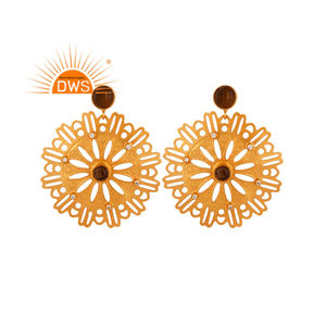 Pendientes de piedras preciosas de cuarzo ahumado de circón, venta al por mayor, diseñador de filigrana, Pendientes colgantes chapados en oro de latón, joyería, Colección clásica - Product Image 1