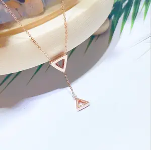 Women Fancy Jewelry Necklace 18K Real Rose Gold Simple Design Double Triangle Pendant Necklace with O Shape Chain