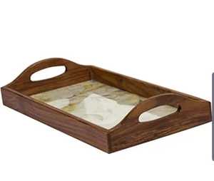 <b>Grey</b> Round Serving Tray with Metal Gold Handles – Decorative Ottoman & <b>Coffee</b> <b>Table</b> Tray. - Product Image 4