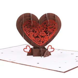 Wooden Wedding Invitation Card Heart Shape Handmade Greeting Card Valentine`s Day Mother's Day Cards 3D Pop Up Paper Home Decor