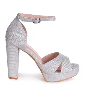 Silver glitter closed back platform high block heels ankle strap sandals ladies function shoes