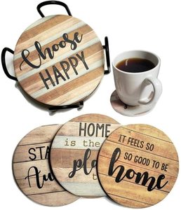 Set of 6 Round Wooden <b>Coasters</b> Holder & Placemat Pads Modern Design Absorbent 47cm Diameter 2cm Thick Customizable Logo - Product Image 1