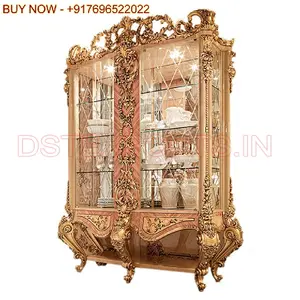 Classic Carved Formal Dining Curio Cabinet Luxury Carved Cabinet and Curios for Dining Room Victorian Carved Golden Gloss Finish
