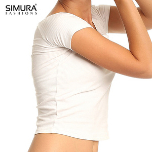 Haut court côtelé blanc pour femme SIMURA, col rond, manches courtes, débardeur décontracté, mélange de coton et élasthanne respirant - Product Image 4