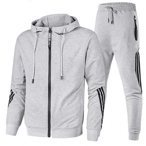 2021 Latest Design Men's Slim Fit Tracksuit With Drawstring Hoodie & Front Zipper Men's Side Stripe Front Zip Hooded Sweatsuit - Product Image 5