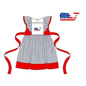 Vestido de bandera de ballena patriótica de verano para niños, vestido de bebé con patrón de cuadros hasta la rodilla bordado de corbata roja de algodón para niñas, 4 de julio - Product Image 1