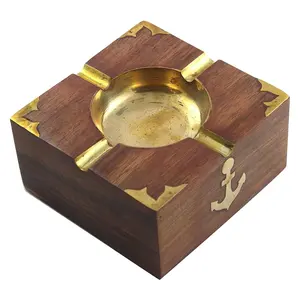 黑色木制烟灰缸黄铜锚镶嵌配件烟灰缸出口商定制销售
