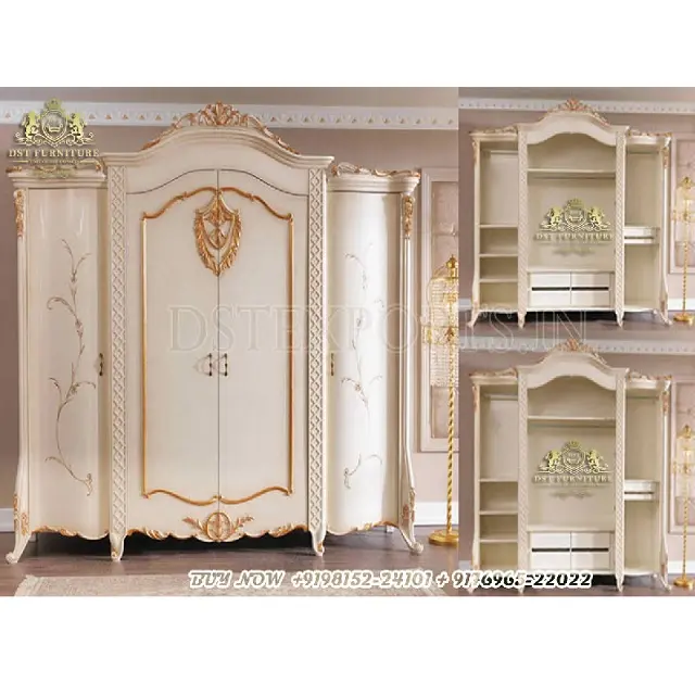Classic Teak Wood Wardrobe in White Gold Finish European Style Luxury Wardrobe Bedroom Furniture High-End Luxury Wardrobe
