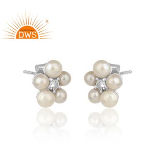 Ensemble de perles et de zircons Boucles d'oreilles en argent 925 de créateur floral plaqué rhodium blanc Fournisseur de bijoux - Product Image 2