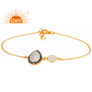 <b>Indian</b> Classic White Moonstone Bracelet 18k Gold Plated Sterling <b>Silver</b> Single Strand Chain Bracelet Jewelry Manufacturer - Product Image 1