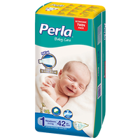 Lot de deux couches jetables PERLA pour bébé avec surface sèche en tissu non tissé, absorption, protection anti-fuites, motif imprimé, certifiées ISO/GMP