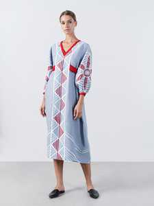 เดรสแม็กซี่แขน3/4แต่งพู่ผ้าลินินสำหรับผู้หญิงเสื้อผ้าโบฮีเมียนปักลายสไตล์ยูเครน2025น่าดึงดูดใจ - Product Image 2