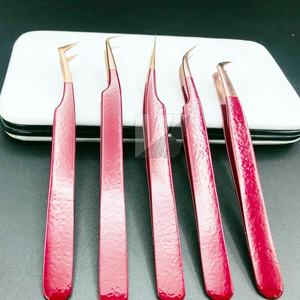 Pinzas de extensión de pestañas de acero inoxidable con logotipo personalizado profesional de alta calidad, Punta puntiaguda de oro rosa rojo, tipo de fibra de volumen - Product Image 4