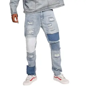 Jeans de créateur délavés bleus hip-hop pour hommes pantalons en denim décontractés en coton et en élasthanne avec patchwork pour hommes