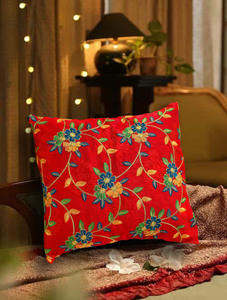 Handmade Indian Reddish Suzani Embroidered <b>Cushion</b> <b>Cover</b> Woolen Pillow <b>Cover</b> in <b>Silk</b> and Cotton for Home or Hotel Use - Product Image 4