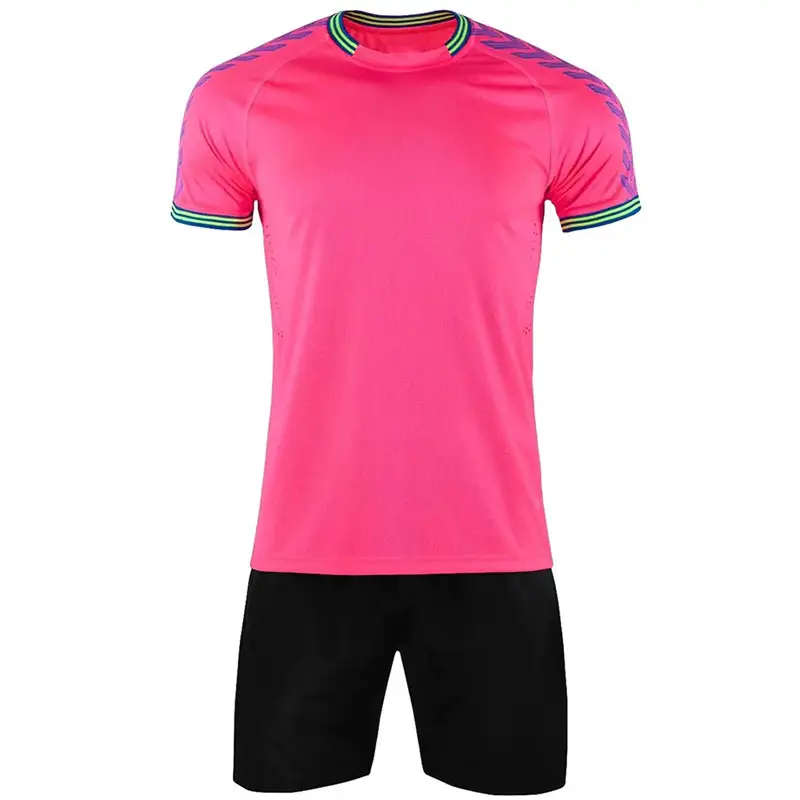 Conjuntos de uniformes de fútbol, camisa rosa y pantalones cortos negros, a precio de fábrica, Buena fábrica de pakistaní, uniforme de fútbol