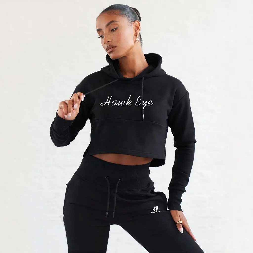 Black color cotton fleece fitted crop women hoodie 2024 New Design Blank Comfortable Jogging Suit Super Hoodie Women