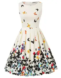 CLE02149 Grace Karin Damen Plus Size Plissee Baumwolle Ärmelloses U-Ausschnitt Blumenmuster A-Linie Vintage Kleid