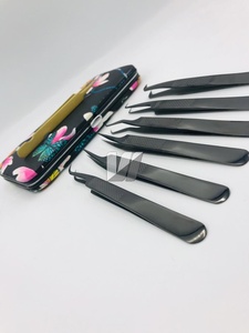 Pinzas profesionales de pestañas de acero inoxidable negro de alta calidad con punta de volumen puntiaguda de logotipo personalizado para extensiones de cejas de pestañas - Product Image 3